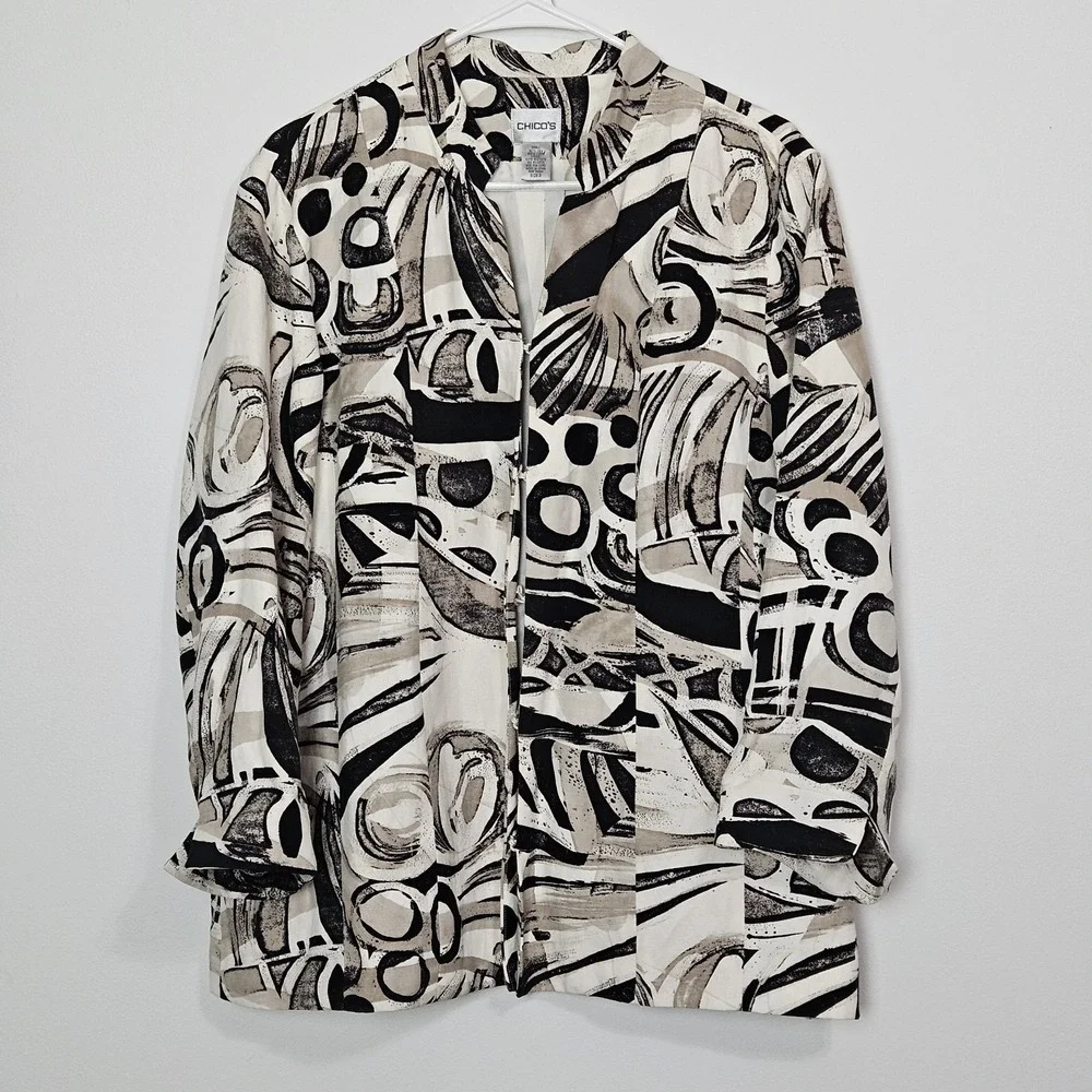 Chico's‎ Blazer Jacket Size 3 US XL Silk Linen Lined Abstract Black Beige